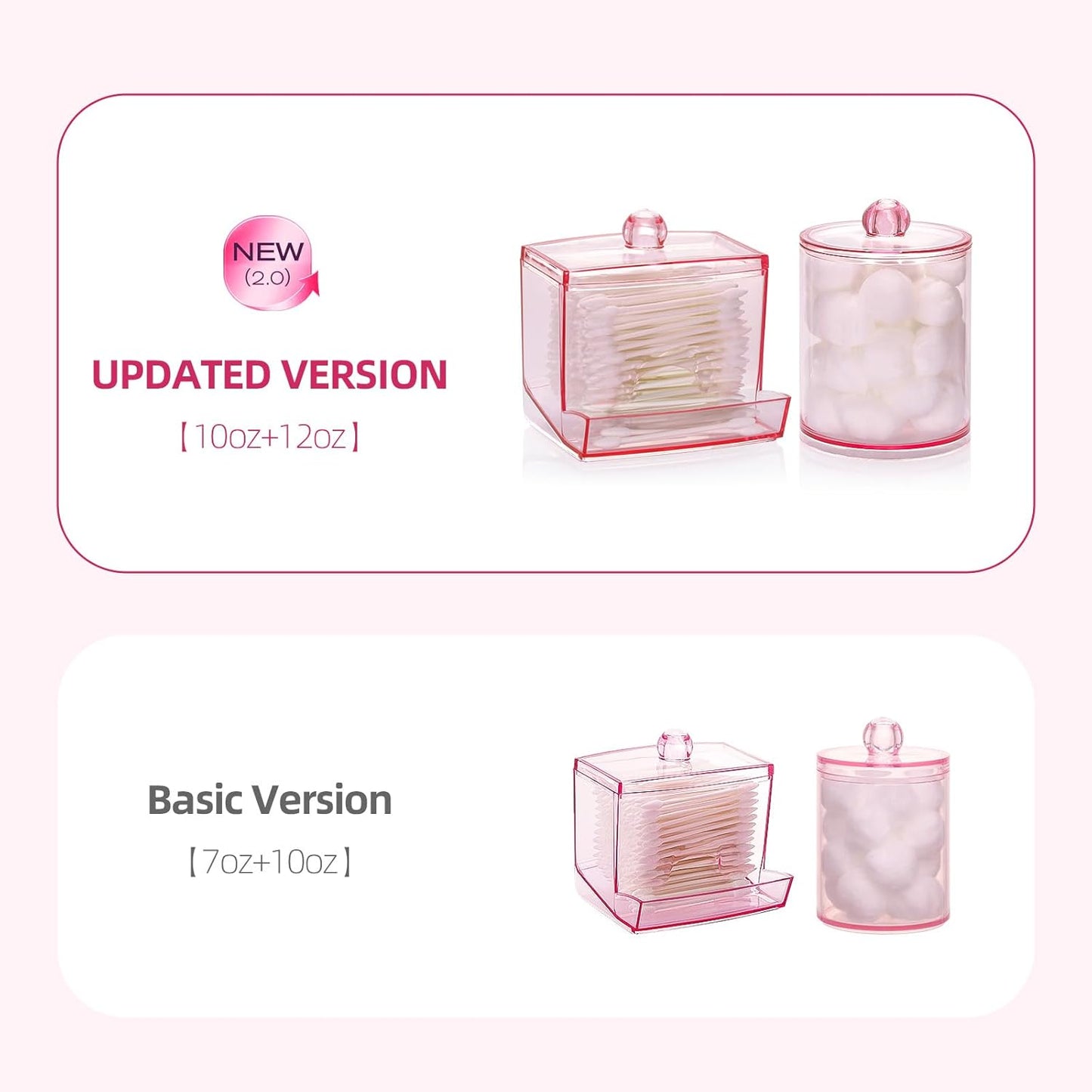 Tbestmax Qtips Dispenser, 10/12 oz Big Cotton Ball Holder Bathroom Container,Plastic Apothecary Jar Organizer for Storage Cotton Swab, Cotton Round Pads, Floss Picks - Pink