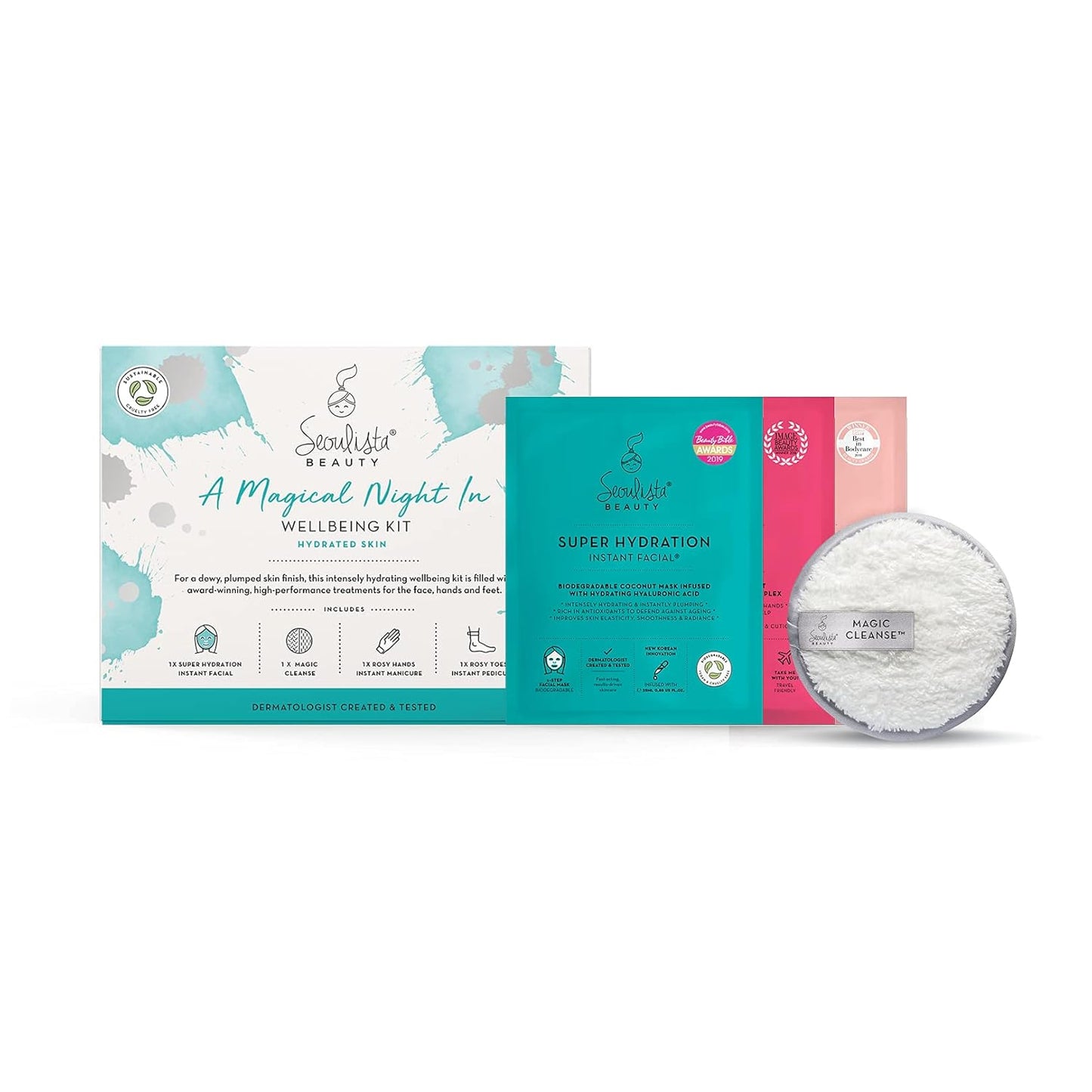 HYDRATED Gifting Bundle | SUPER HYDRATION SHEET MASK | Rosy Toes - Foot Mask Instant Pedciure | Rosy Hands - Hand Mask Instant Manicure| Magic Cleanse™ Eco-friendly Cleansing Tool
