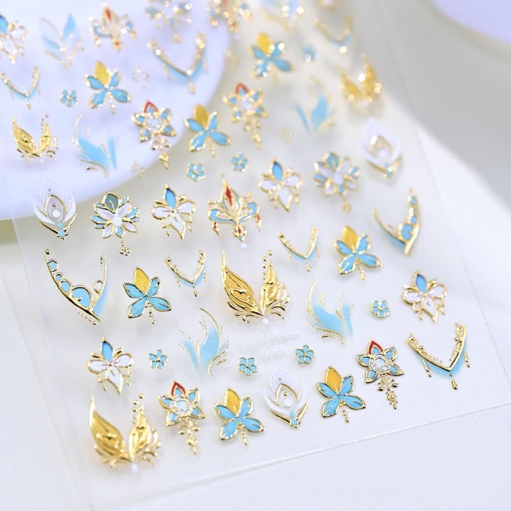 1 Sheet Flower Nail Stickers 5D Embossed Blue Gold Floral Nail Decals 3D Self-Adhesive New Chinese Style Nail Supplies Aurora Lotus Flower Nails Designs for Women Girls DIY Manicure