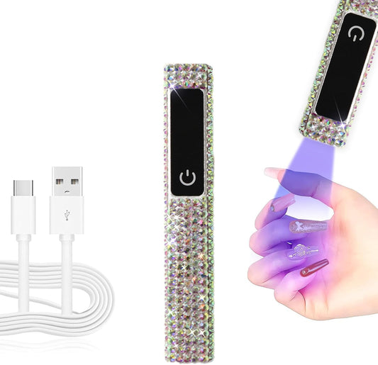Crystal Rhinestone UV Nail Lamp, Artificial Bling Handheld UV Light for Nails, Portable Mini Nail Light with 2 Timer and LED Display, Rechargeable USB Nail Dryer for Fast Curing Gel Polish