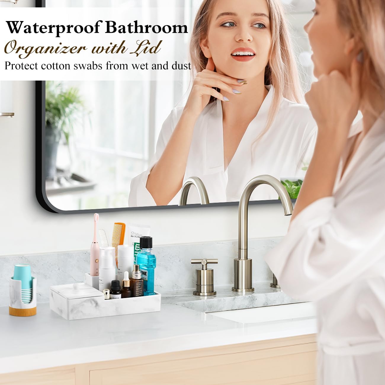 Luxspire Bathroom Counter Organizer, Marble Toothbrush Holder for Bathroom 6 Slot, Bathroom Vanity Organizer with Lid, Bathroom Organizer Countertop for Cotton Ball, Q-Tips, Floss, Gravel White