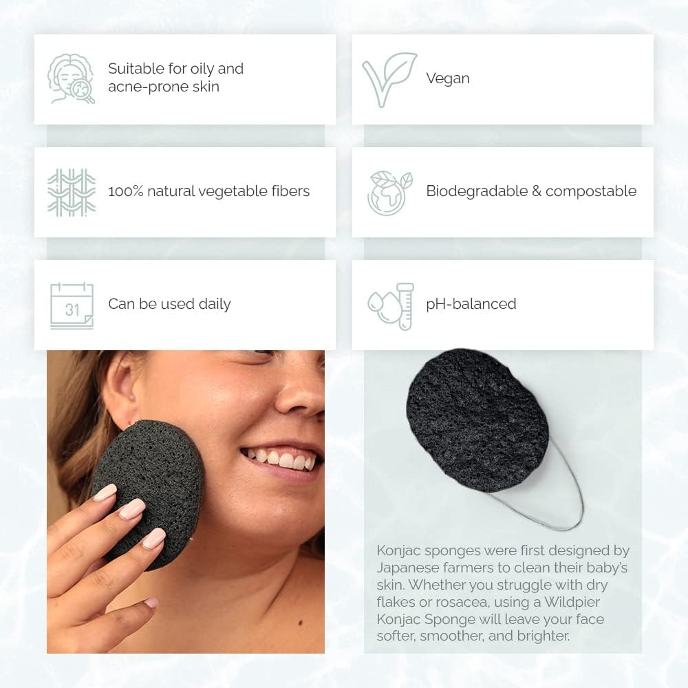 Wildpier Beauty Bamboo Charcoal Konjac Sponge, Natural Luxury Facial Exfoliator, Face Scrubber, Makeup Remover, Plant Based Gentle Cleansing for Sensitive Skin, Removes Dead Skin Cells, Black