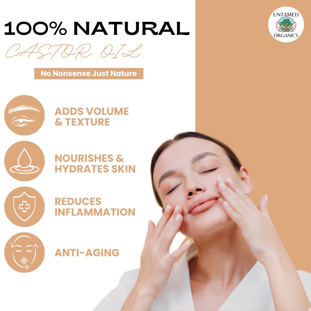 100% Organic Castor Oil Roll On For Eyebrows, Lips, Under Eyes, Eyelashes, Cuticles - Mess Free Roller Ball - Certified Organic, Cold Pressed, Hexane Free - Travel Sized Glass Bottle