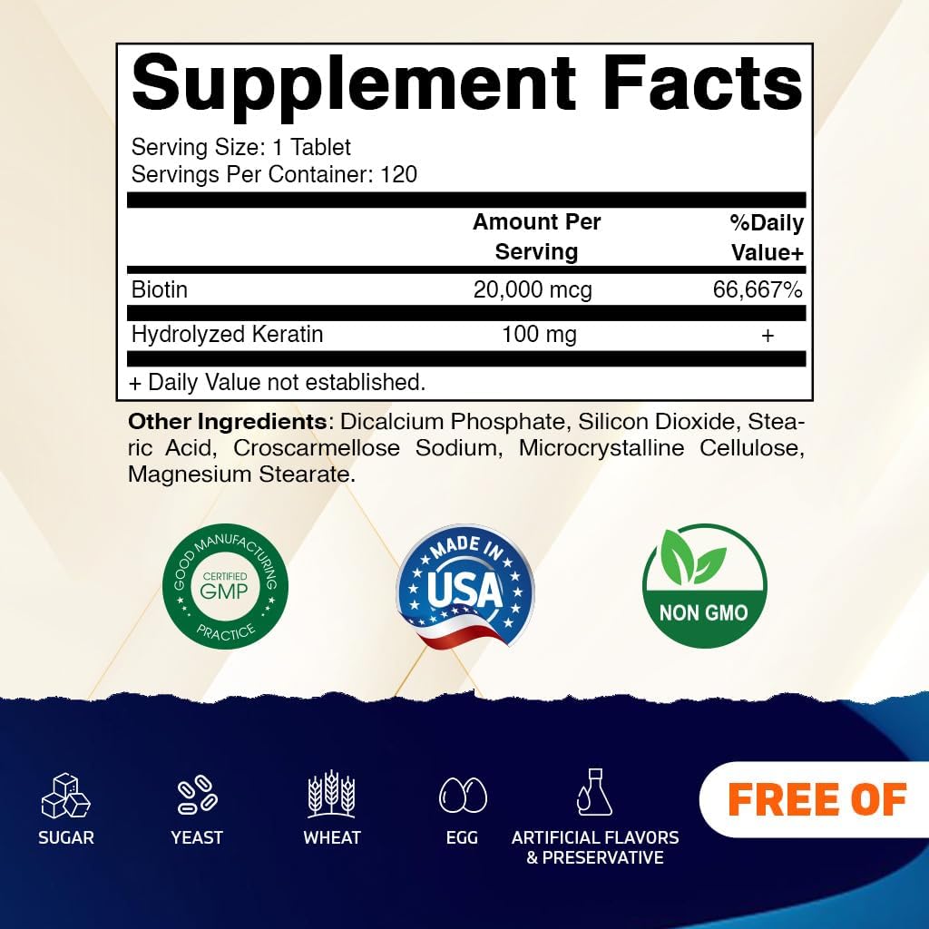 Vitamatic High Potency Biotin 20000 mcg (20mg) with Keratin 100mg - 120 Vegetarian Tablets - Biotin Supplements for Healthy Hair Skin & Nails for Adults (120 Count (Pack of 2))
