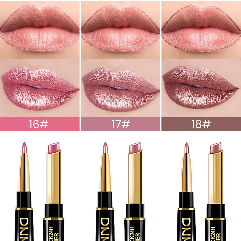 evpct 3Pcs Light Pink Nude Brown Metallic Shine Shimmer Lip Liner and Lipstick Combo Set Kit for Women, Lightweight Hydrating Formula High Impact Full Coverage Lipstick and Lip Liner Makeup Gloss