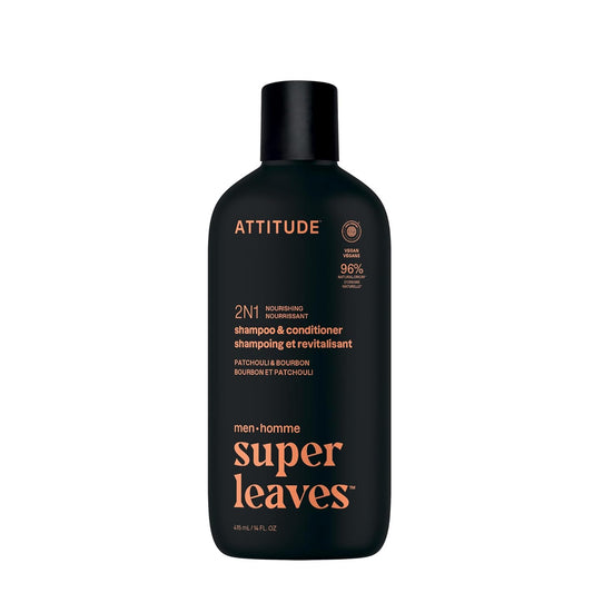 ATTITUDE Men's Shampoo and Conditioner 2-in-1, Nourishing For Dry Hair and Scalp, With Panthenol and Ginseng, 97% Natural Origin Ingredients, EWG Verified, Patchouli & Bourbon, 14 Fl Oz