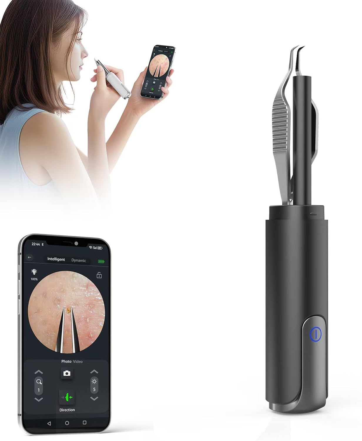 Blackhead Removal Tweezer with 1080p Camera, Ultimate Precision: Blackhead Removal with Camera - Perfect for Delicate Tasks! - - Ingrown Hair, Ear Hair Tweezer (Black)