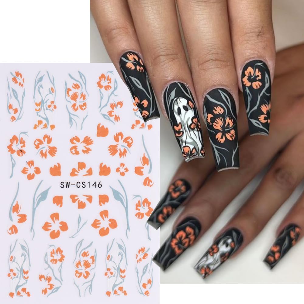 8 Sheets Halloween Nail Art Stickers Horror Ghost Spider Scorpion Nail Design Stickers Decals 3D Self Adhesive Pumpkin Spider Web Gothic Nail Decals for Women DIY Halloween Nail Decoration Supply
