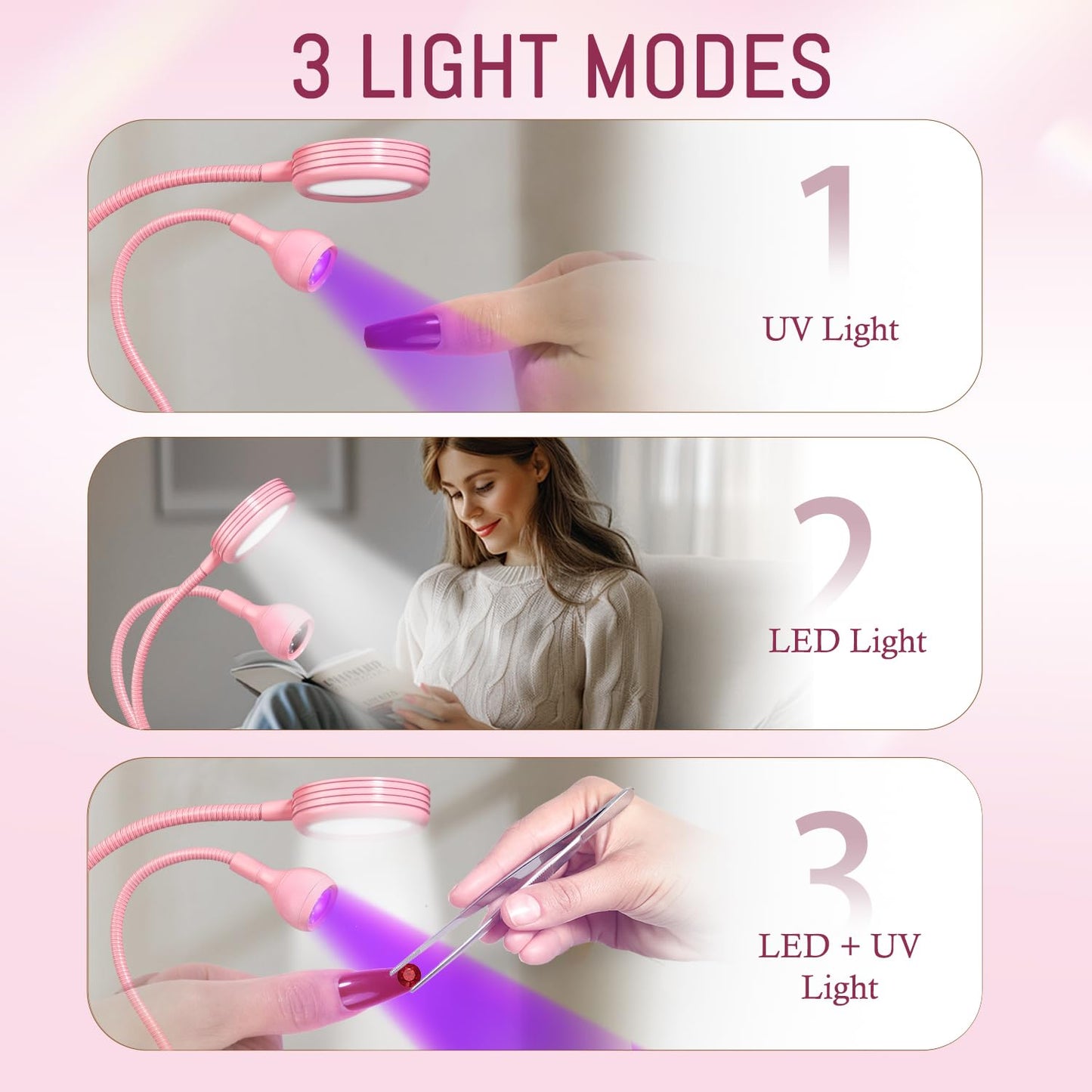 AORAEM LED Nail Lamp Double-Headed UV LED Light Quicky-Dry Duck Neck UV Lamp Dryer Curing Light with Portable Gooseneck and Clamp Flash Cure U V Light for Gel Nails Professional Home DIY Salon Pink