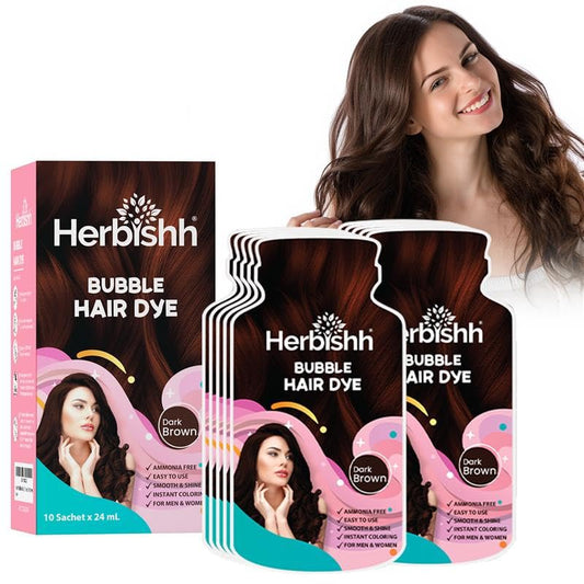 Herbishh Bubble Foam Hair Dye Shampoo, 3 in 1 Dye for 100% Grey Coverage, Permanent Hair Coloring for Men & Women, Long-lasting & Travel-friendly, Ammonia-free, 10 Sachet x 24 ml (Dark Brown)