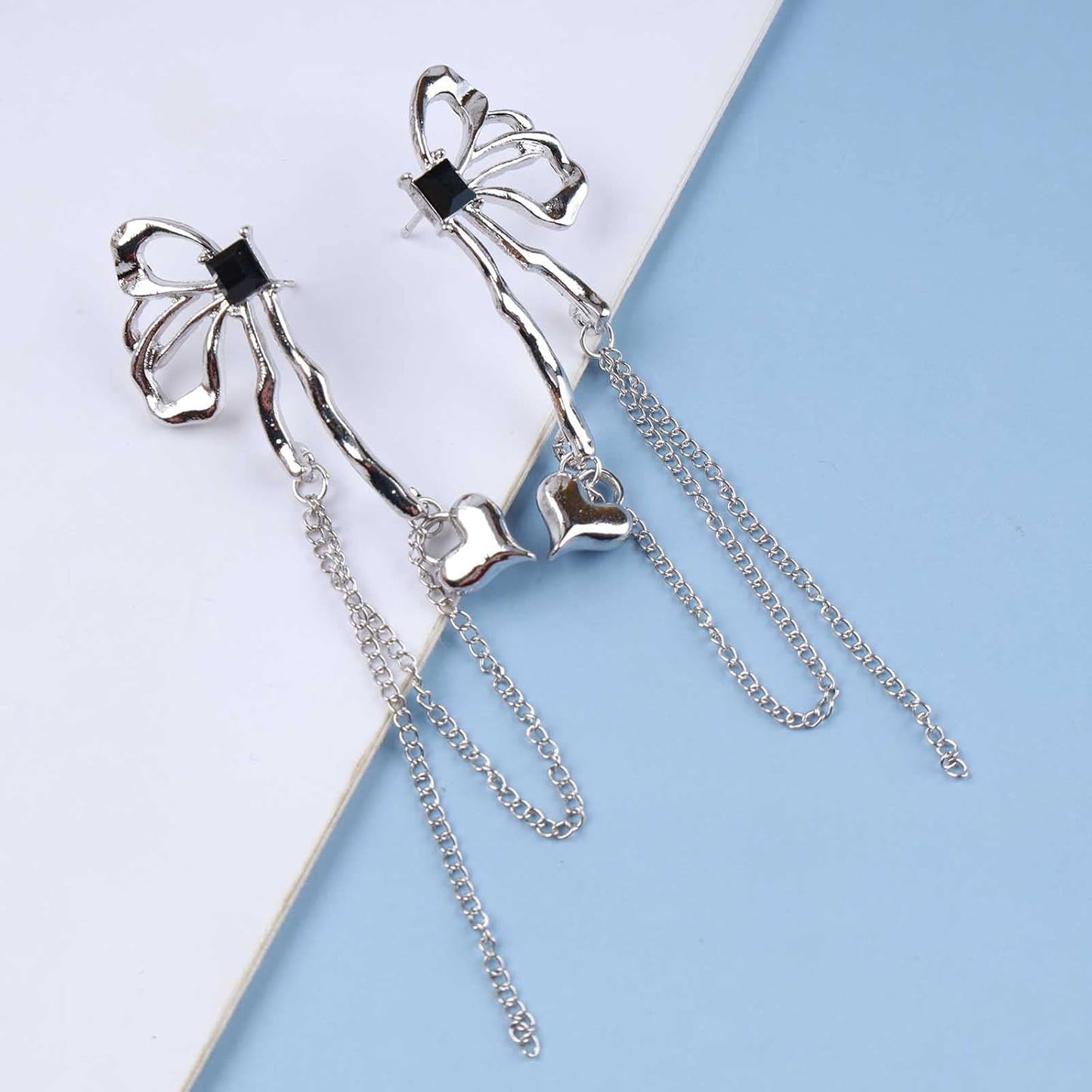 Vintage Butterfly Dangle Earrings Long Butterfly Chain Tassel Earrings Silver Puffy Heart Drop Earrings Black Onyx Butterfly Earrings Jewelry for Women
