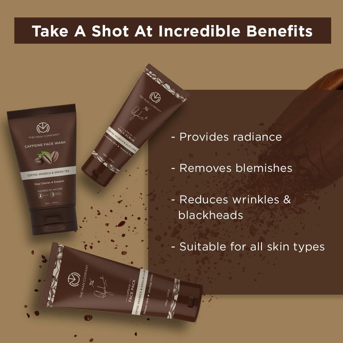 The Man Company Coffee Face Care Kit with Face Wash, Face Scrub, Face Pack | Cleanses, Detoxifies, Relaxes, Glowing and Brightening Skin - Pack of 3