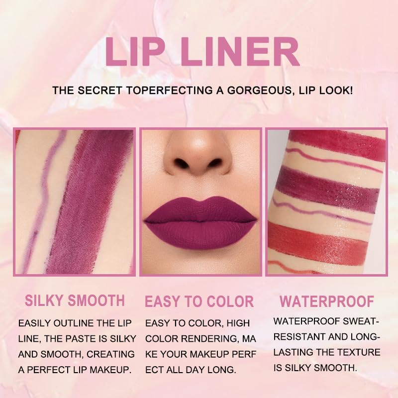 evpct 3Pcs Plum Purple Wine Mauve Red Lip Liner and Lipstick Set for Women Matte Matt 24 Hour Lipstick Pen and with Lip Liner Pencil Set Long Lasting 24 labial labiales mate 24 horas originales