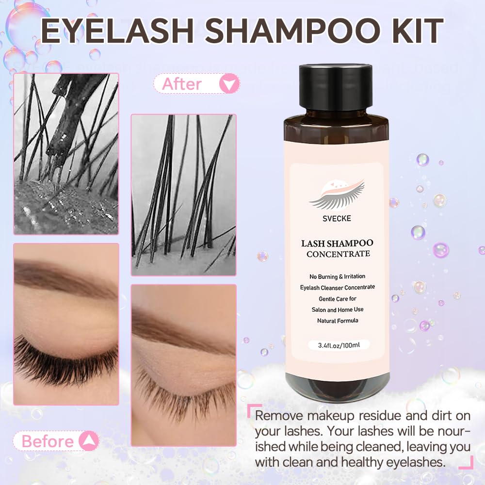 Lash Concentrate Shampoo 100ml for Lash Extension, Lash Shampoo Kit for Eyelash Cleansing, Oil-Free Eyelash Extension Cleanser Concentrate, Lash Cleaning Kit with Brush Bottle
