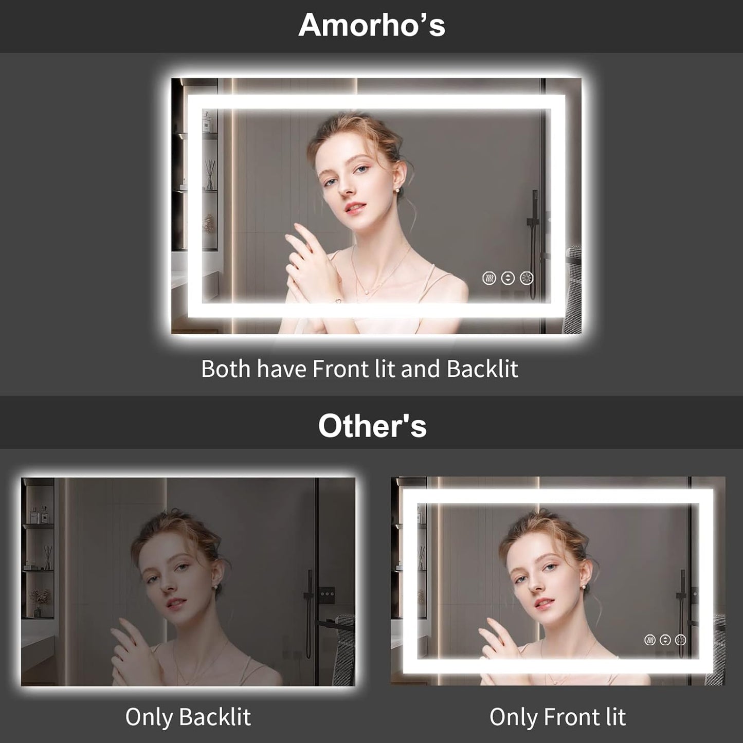 Amorho LED Bathroom Mirror 60" X30" with Front Light and Backlight, Large Vanity Mirrors for Wall, Anti-Fog, ShatterProof, Memory, 3 Colors, ETL Listed