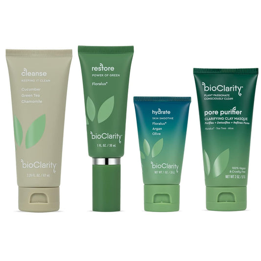 BioClarity 3-Step Essentials Skin Routine + Clarifying Mask for Normal & Oily Skin Types | Cleanse, Restore and Moisturize | Gentle Clean and Hydrate Face |100% Clean, Vegan Ingredients (Mini Size)