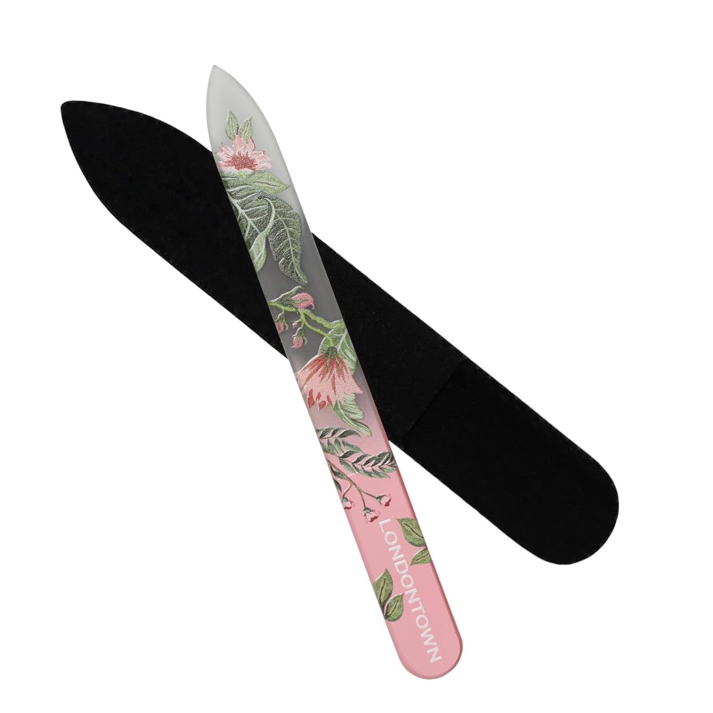 LONDONTOWN Safara Double-Sided Glass Nail File & Care Tool, Professional Grit Etched Crystal Manicure Accessory with Case Pouch