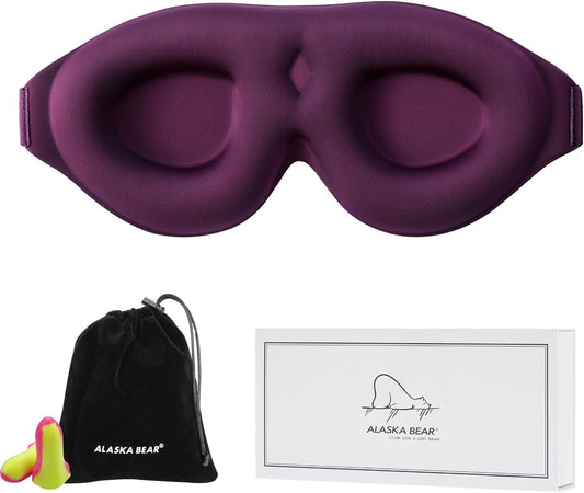ALASKA BEAR 100% Blackout Sleep Mask for Women and Men, 3D Pillowy Soft Light Blocking Eye Mask with Contoured Eye Cups, Earplugs Set, Purple