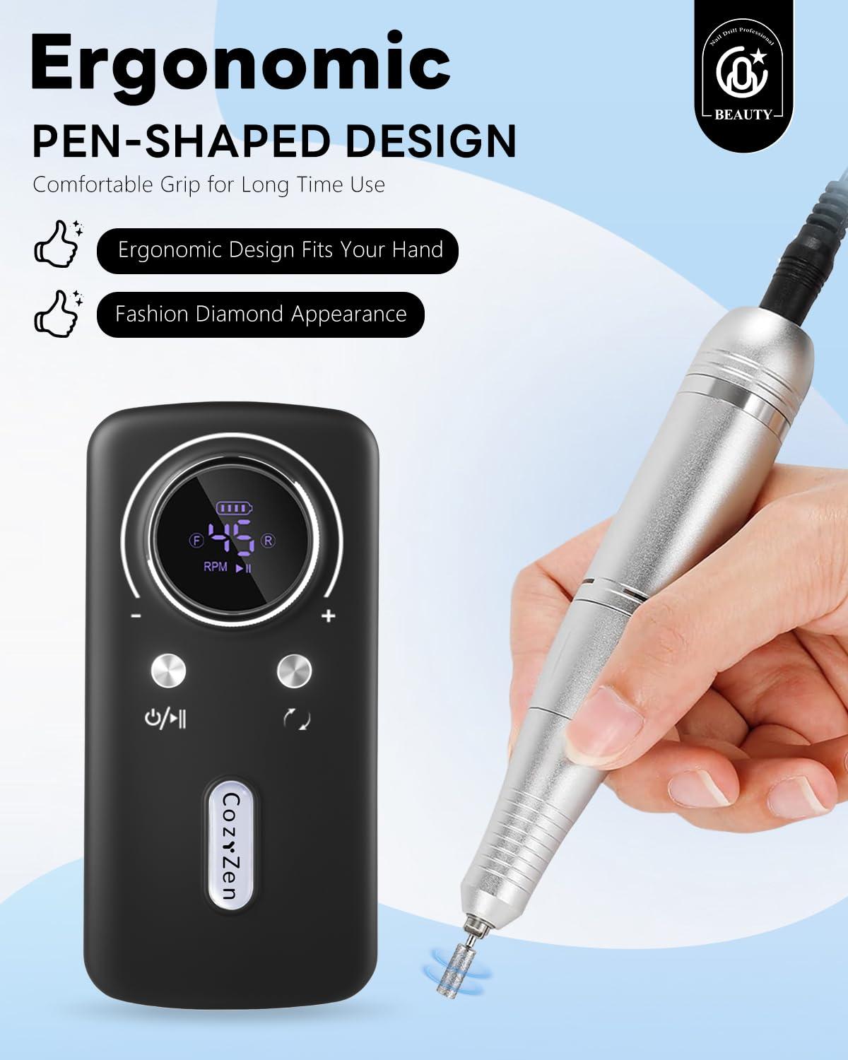 CozyZen Cordless Nail Drill Professional: 45000 RPM Rechargeable Electric Nail File Kit, Portable & Low Noise for Acrylic, Gel Nails, Manicure & Pedicure - Salon & Home Use