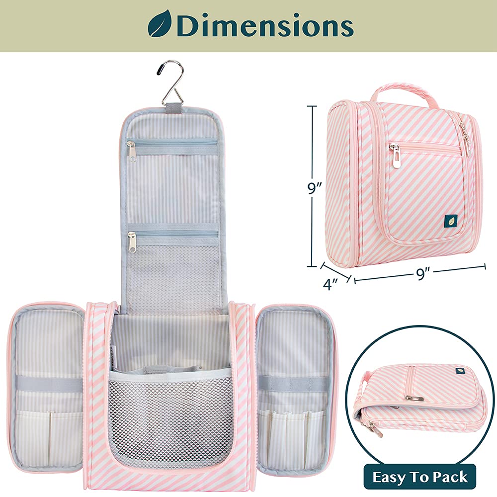 PAVILIA Toiletry Bag Travel Bag for Women Men, Hanging Cosmetic Organizer, Water Resistant Makeup Bag for Accessories Toiletries, Large Travel Essentials Kit (Pink Stripe)