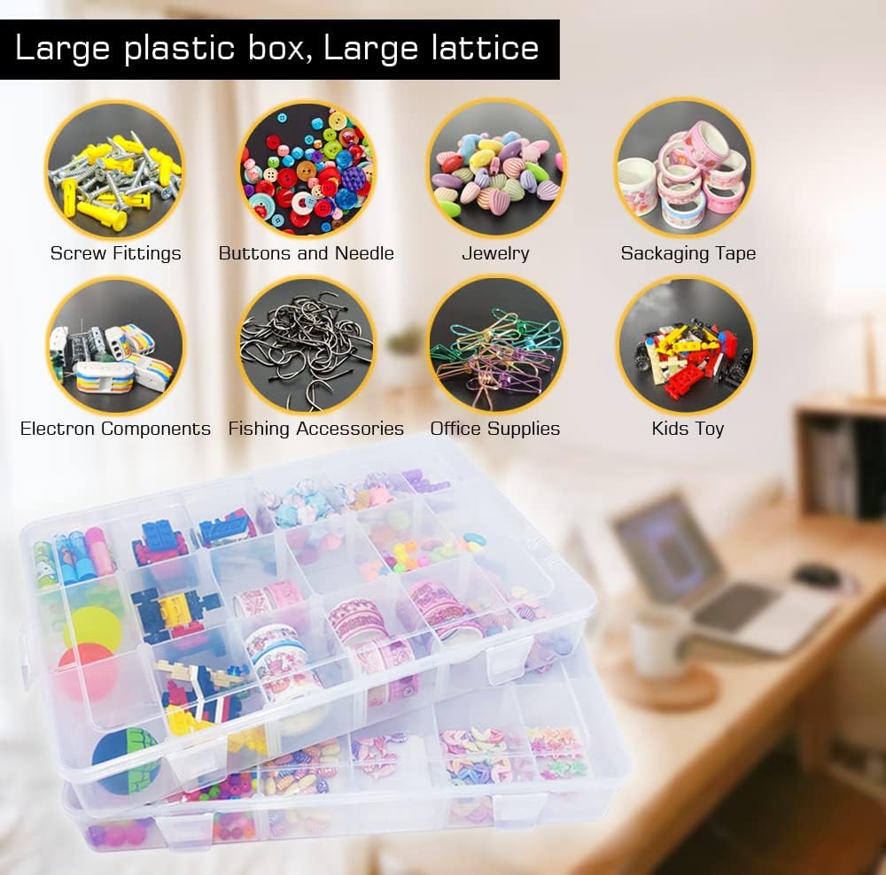 Large18 Grids Clear Organizer Box Snack Box with Removable Dividers for Fishing Hook,Bead Organizer Case,Plastic Storage Containers for Small Parts