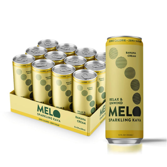 Melo Sparkling Kava Drink, Banana Cream, Sugar Free Non Alcoholic Drinks with Zero Calories, Gluten Free, Vegan, 100% Natural Mocktail with 750mg Kava Root per Drink, 12 Pack, 12 oz Cans