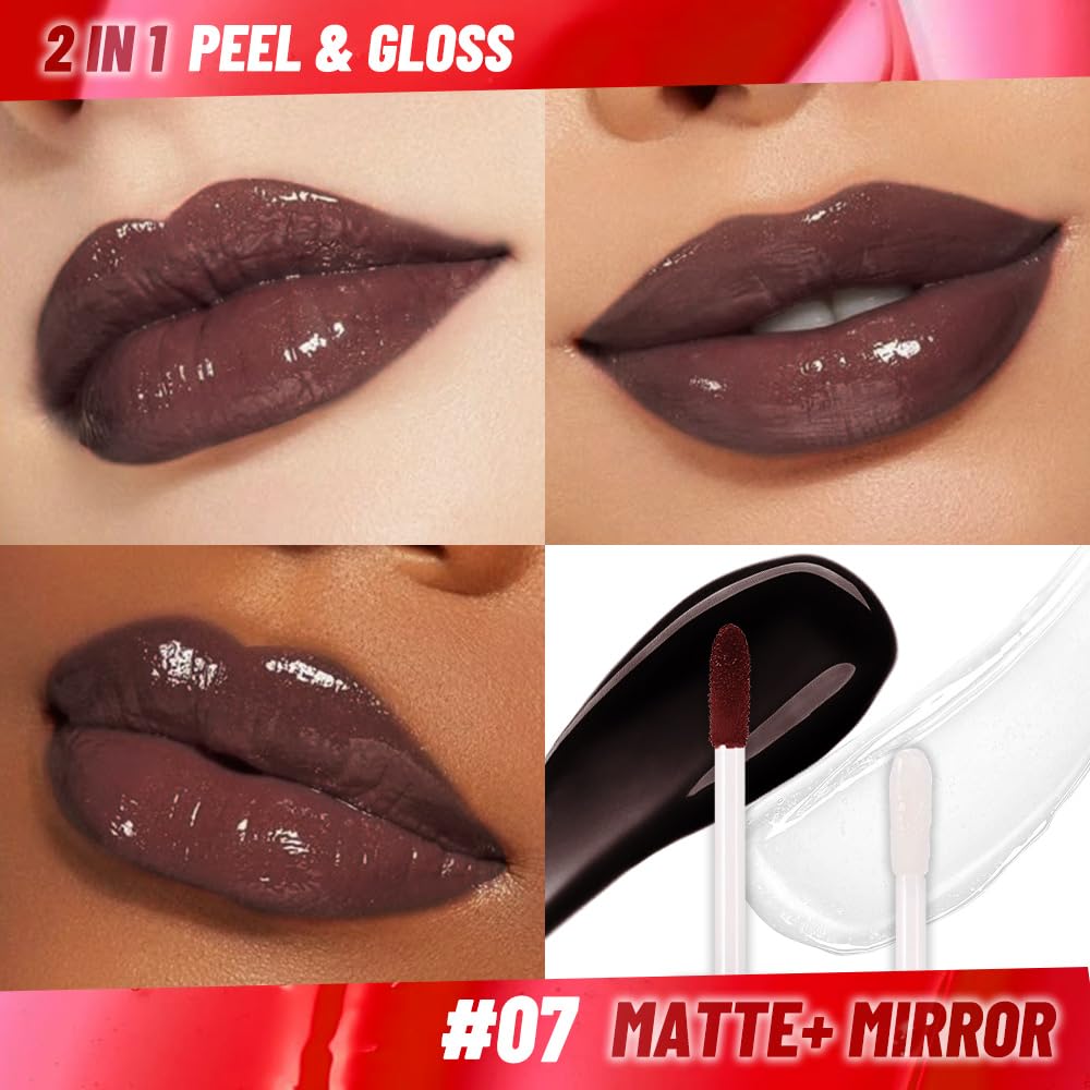 Maroon Lip Stain Peel Off Lip Gloss oil Dual-Ended Combo, Lips Liner Stain Peel Off Tattoo, Long Lasting & Waterproof, Transfer-Proof Lip Tint Stain with Lip oil for All Skin Type 07#