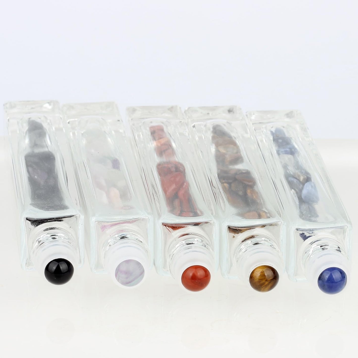 10ml Gemstone Roller Square Bottles Refillable Roll On Bottles Healing Crystal Chips Inside For Perfumes Aromatherapy Oils 5pack