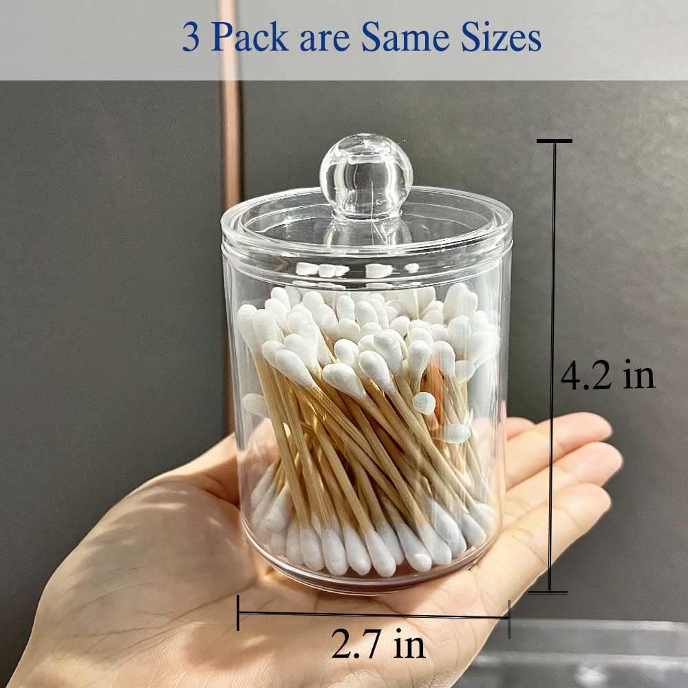 Qtip Holder Dispenser for Cotton Ball, Swab, Round Pads, Floss Picks - 10 oz Clear Plastic Apothecary Jar Set for Bathroom Canister Storage Organization, Vanity Makeup Organizer