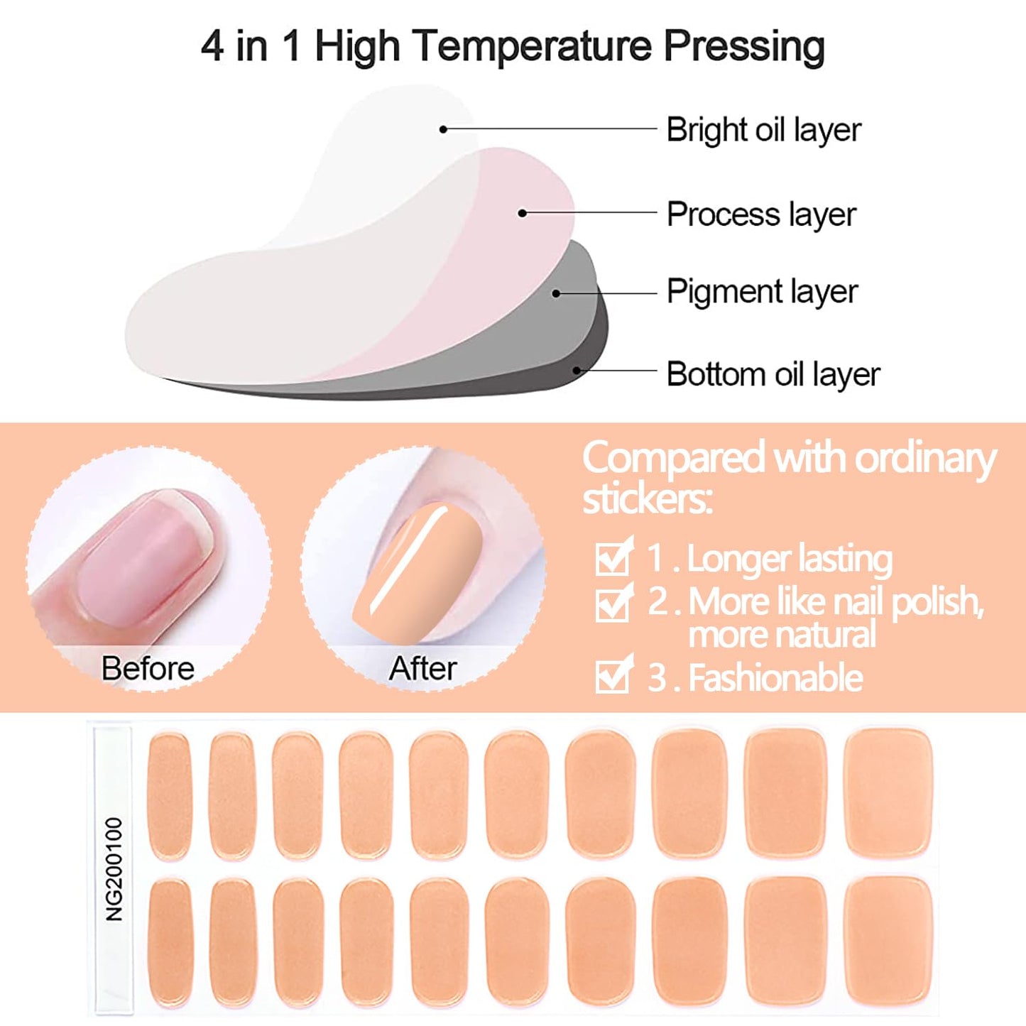 WOKOTO 20 Pcs Chrome Peach Pink Semi Cured Gel Nail Strips with Nail File & Wooden Stick Holographic Nail Gel Strips UV Light Gel Nail Stickers Full Nail Wraps Stick On Nails Color Strips for Women