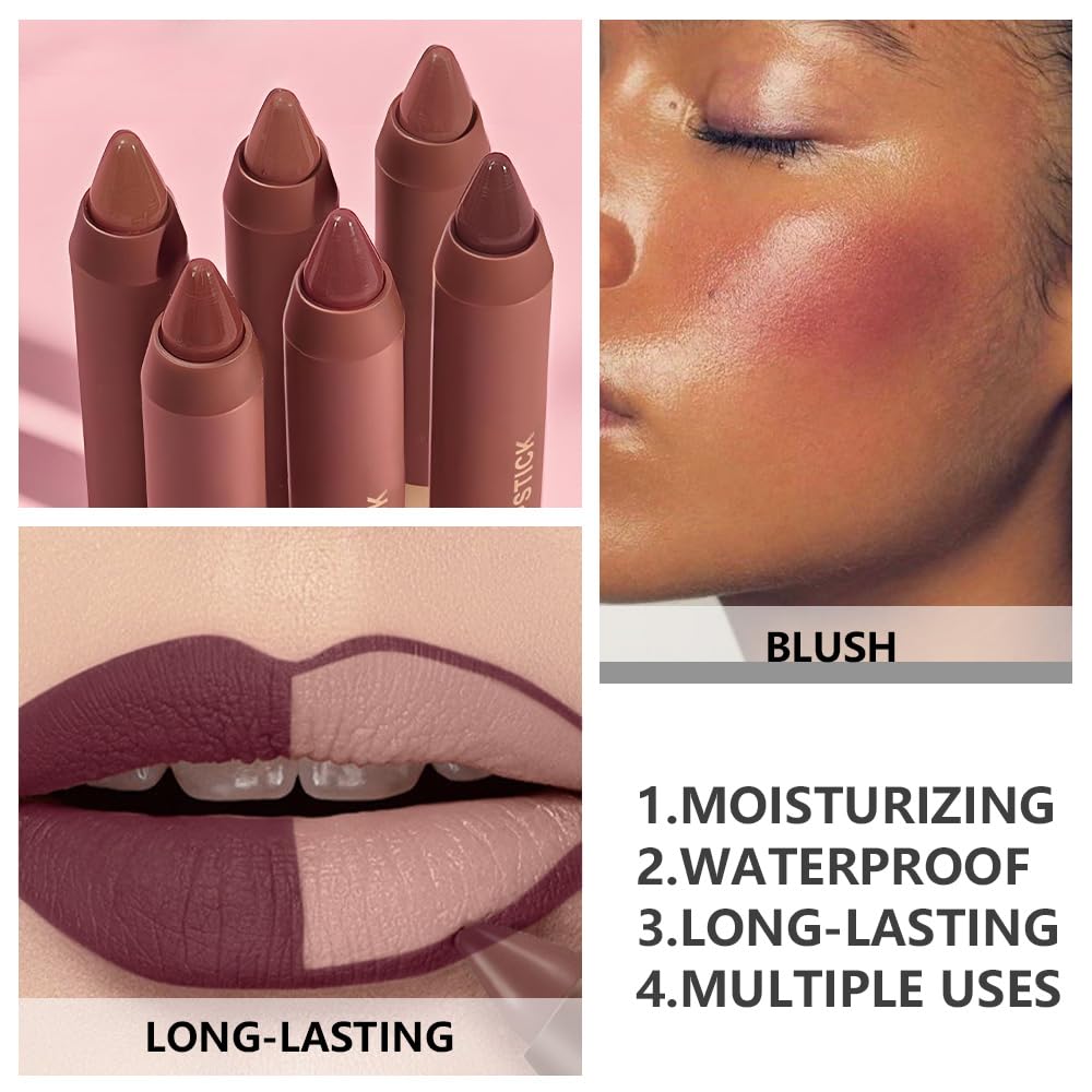 Matte Lipstick Crayon for Women, Dark Purple 24 Hour Lipstick Lip Liner Pencil, Neutral Lip Stick Lipliner Long Lasting Waterproof Smudge Proof, Vegan & Cruelty-Free, 05