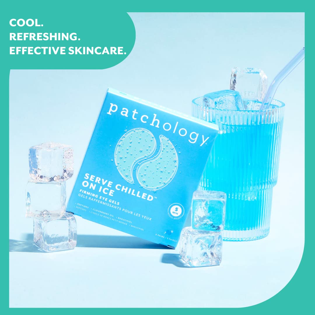 Patchology Iced Cooling Under Eye Mask Patches with Peptides, Cloudberry Oil and Bakuchiol. Cool eye gels to firm skin and soothe, reduce fine lines and under eye bags - by Patchology - 5 Pair