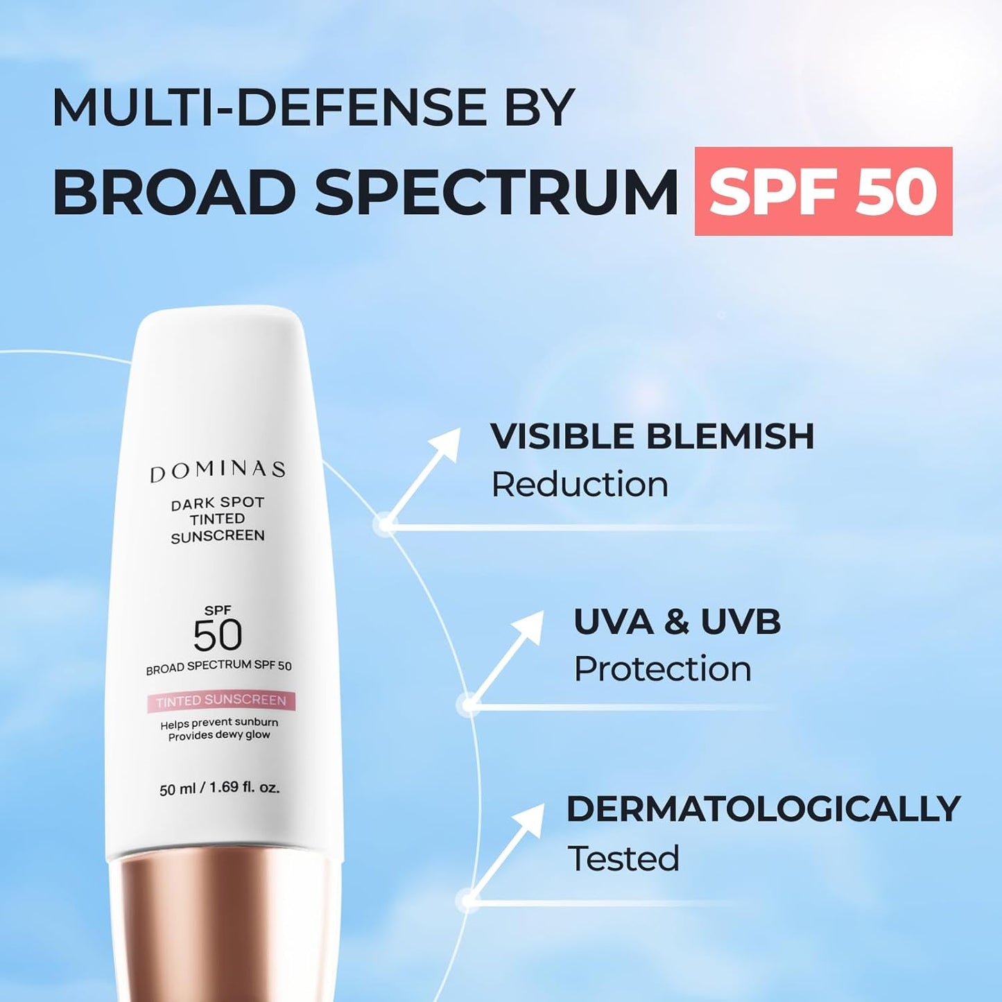 SPF 50 DOMINAS Tinted Sunscreen Moisturizer (1.7fl oz) - Tone Correction, Korean Skin Care, Broad-Spectrum UV Defense Sunblock, Water-in-Oil Formula for Lightweight, Panthenol, Sun Cream