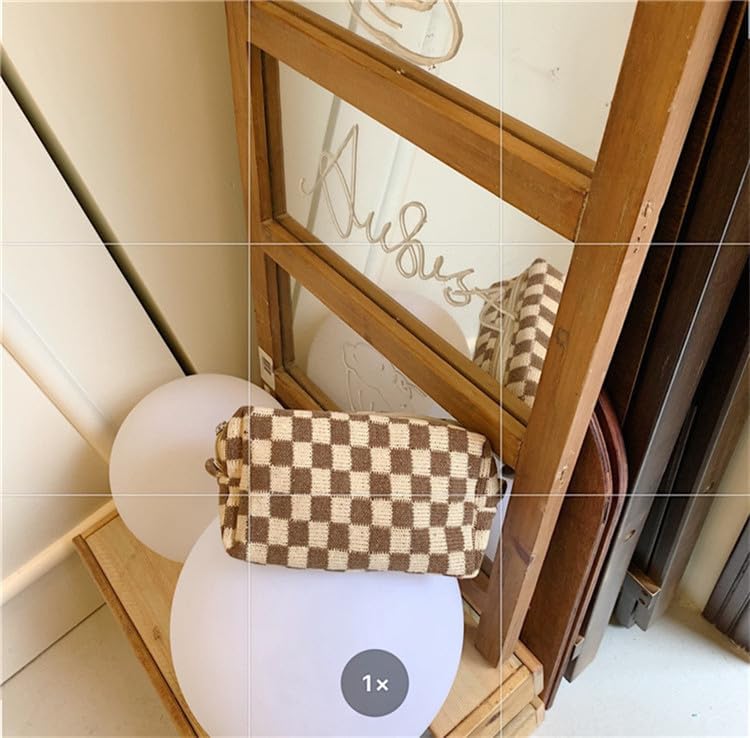 PAZIMIIK Checkered Makeup Bag for Purse Portable Zipper Make Up Pouch Small Cosmetic Case for Travel Accessories (2PCS Coffee)