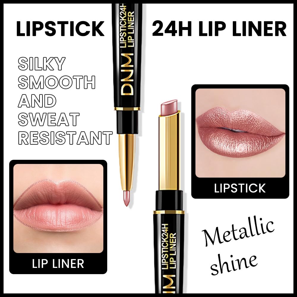 evpct 1Pcs Rose Nude Pink Metallic Shine Shimmer Lip Liner and Lipstick Combo Set Kit for Women, Lightweight Hydrating Formula High Impact Full Coverage Lipstick and Lip Liner Makeup Gloss, 17#