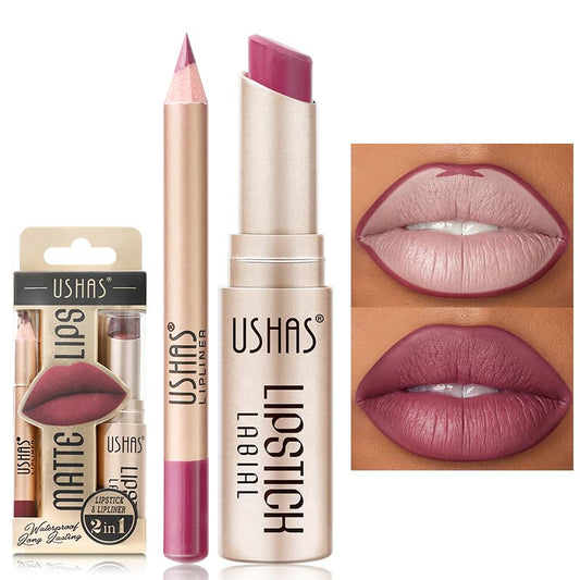 USHAS 2 in 1 Waterproof Lipstick and Lip Liner Combo Set for Women - Long Lasting Matte Pen With Makeup Kit (G3, Pack of 1)