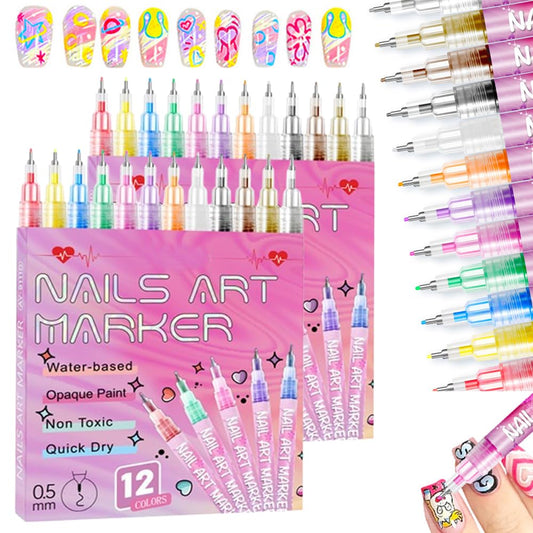 12 Colors Nail Art Pens Set, 2026 New DIY Nail Art Markers for Gel Nails, 3D Nail Polish Pens Quick Dry Graffiti Dotting Point Liner Pens Acrylic Paint Pens Kit for DIY Nail Art Drawing Painting Tools