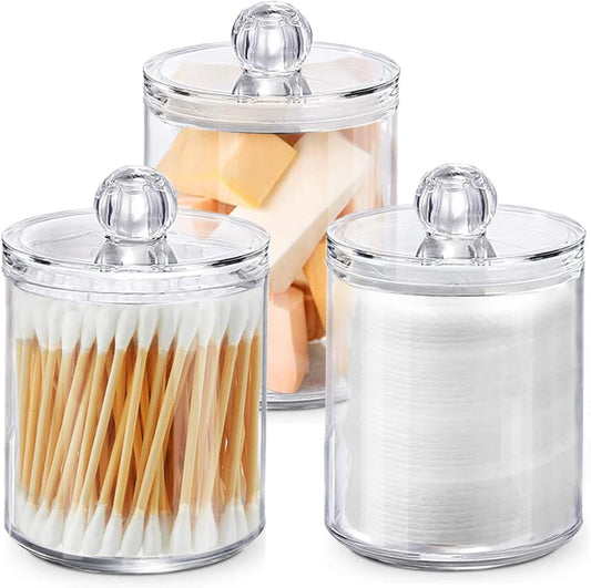 Qtip Holder Dispenser for Cotton Ball, Swab, Round Pads, Floss Picks - 10 oz Clear Plastic Apothecary Jar Set for Bathroom Canister Storage Organization, Vanity Makeup Organizer