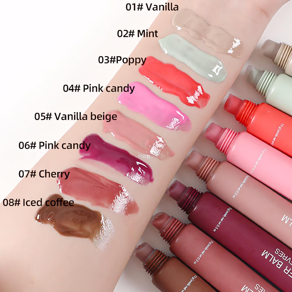 4Pcs Tinted Lip Balm Serum Makeup, Squeeze Hydrating Tint Lips Balms Serum Cosmetic, Women Care Glossy Nourishing Plumping Lip Stain Gloss Lipstick Suitable for dry lips, Set03(01#+02#+04#+08#)