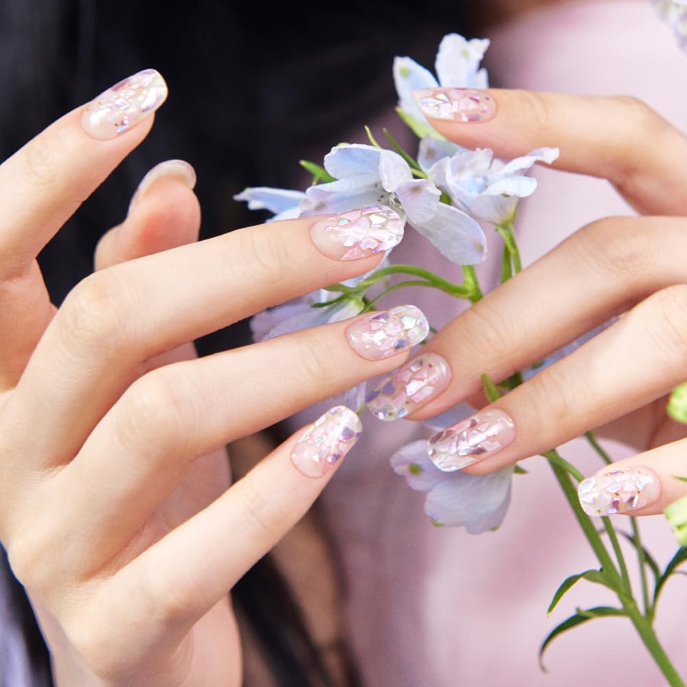 ohora Semi Cured Gel Nail Strips (N Petal Rain) - Purple, Patterned, Works with Any UV/LED Lamps, Salon-Quality, Long Lasting, Easy to Apply & Remove - Includes 2 Prep Pads, Nail File & Wooden Stick