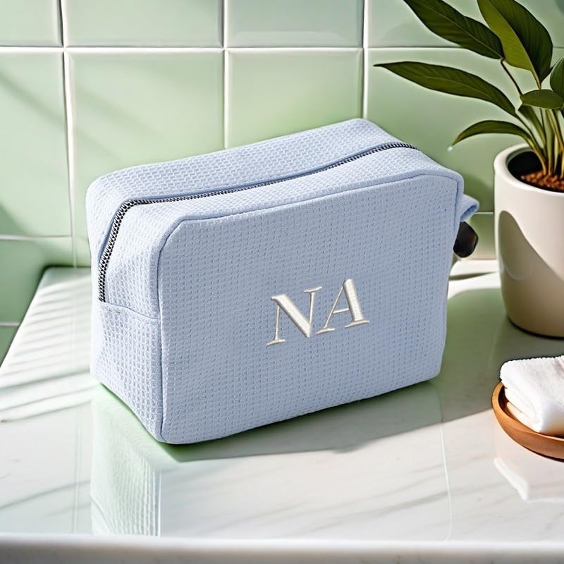 GOPHIE Personalized Embroidered Makeup Bag,Custom Waffle Fabric Cosmetic Pouch for Women, Travel Makeup Pouch (1, Sky Blue)