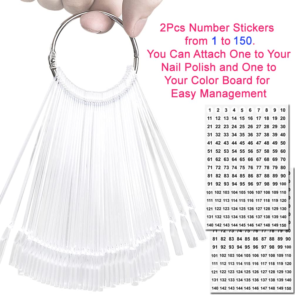 JASSINS 150 Pcs Nail Swatch Sticks with Ring and Number posted, Clear Fan-shaped Nail Art Polish Practice Display Tips Nail Sample Sticks, Nail Practice Color Display Polish Board