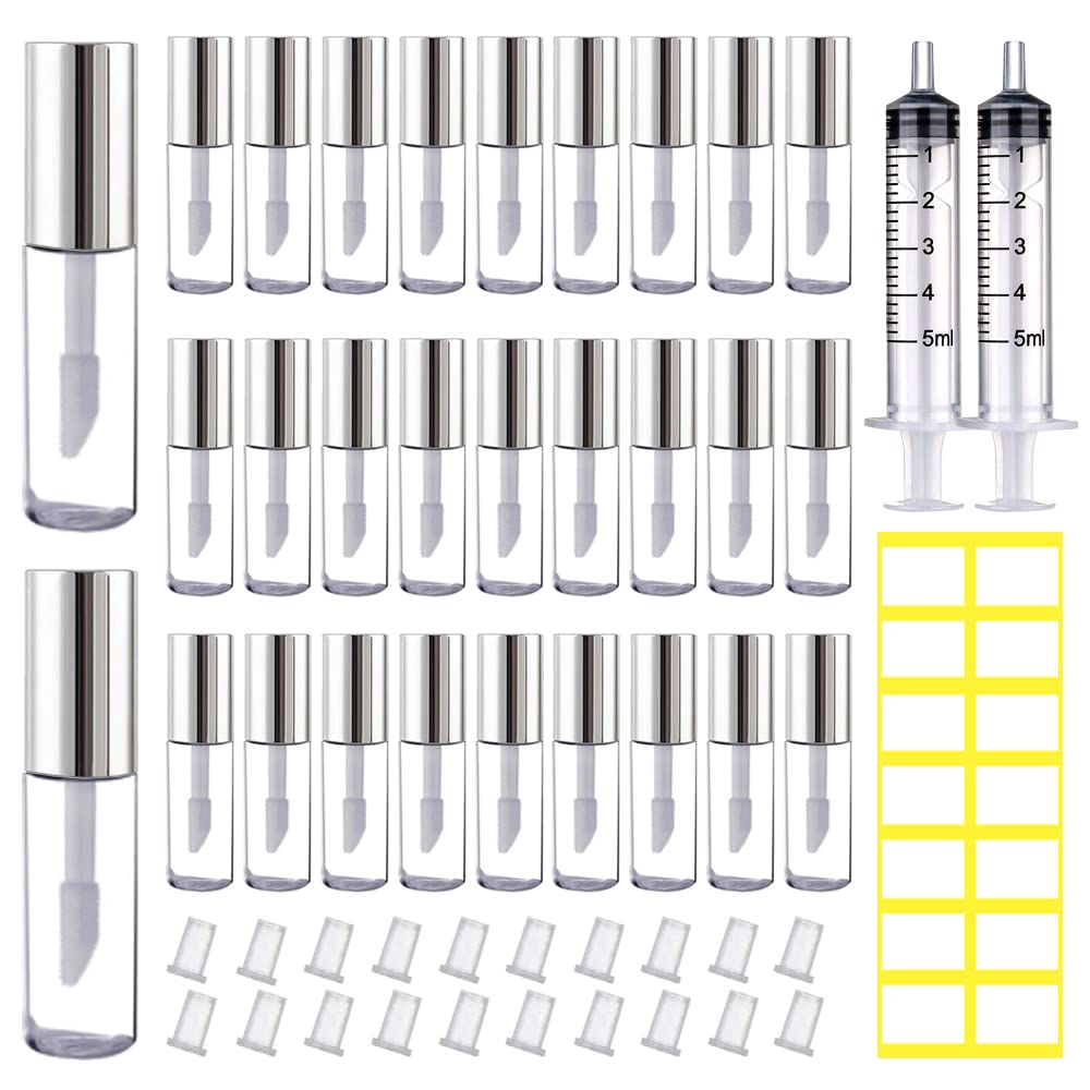 AMORIX 50PCS Mini Lip Gloss Tubes with Wand 1.2ml Empty Lip Gloss Containers Clear Refillable Travel Lip Balm Bottles for Samples with 5ml Syringes DIY Lip Gloss Base + Tag Labels(Silver)