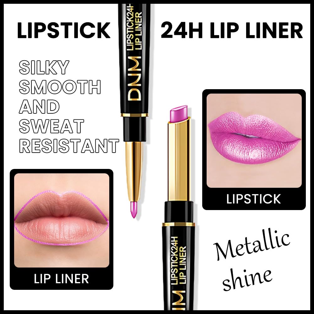 evpct 1Pcs Pink Metallic Shine Shimmer Lip Liner and Lipstick Combo Set Kit for Women, Lightweight Hydrating Formula High Impact Full Coverage Lipstick and Lip Liner Makeup Stains Gloss, 19#