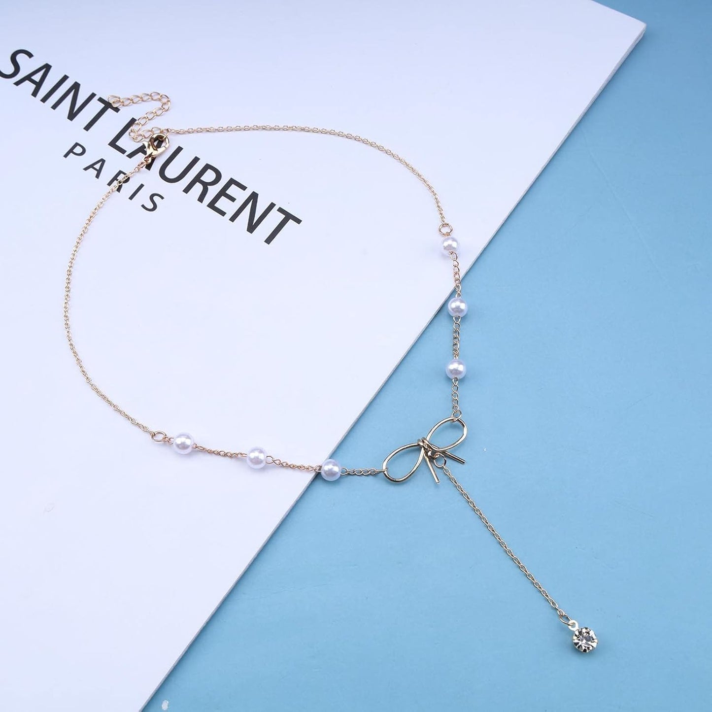 Bohemia Crystal Y Lariat Necklace Chain Pearl Beaded Choker Necklace Bow Knot Necklace Choker Gold Rhinestone Y Drop Necklace Chain Jewelry for Women and Girls