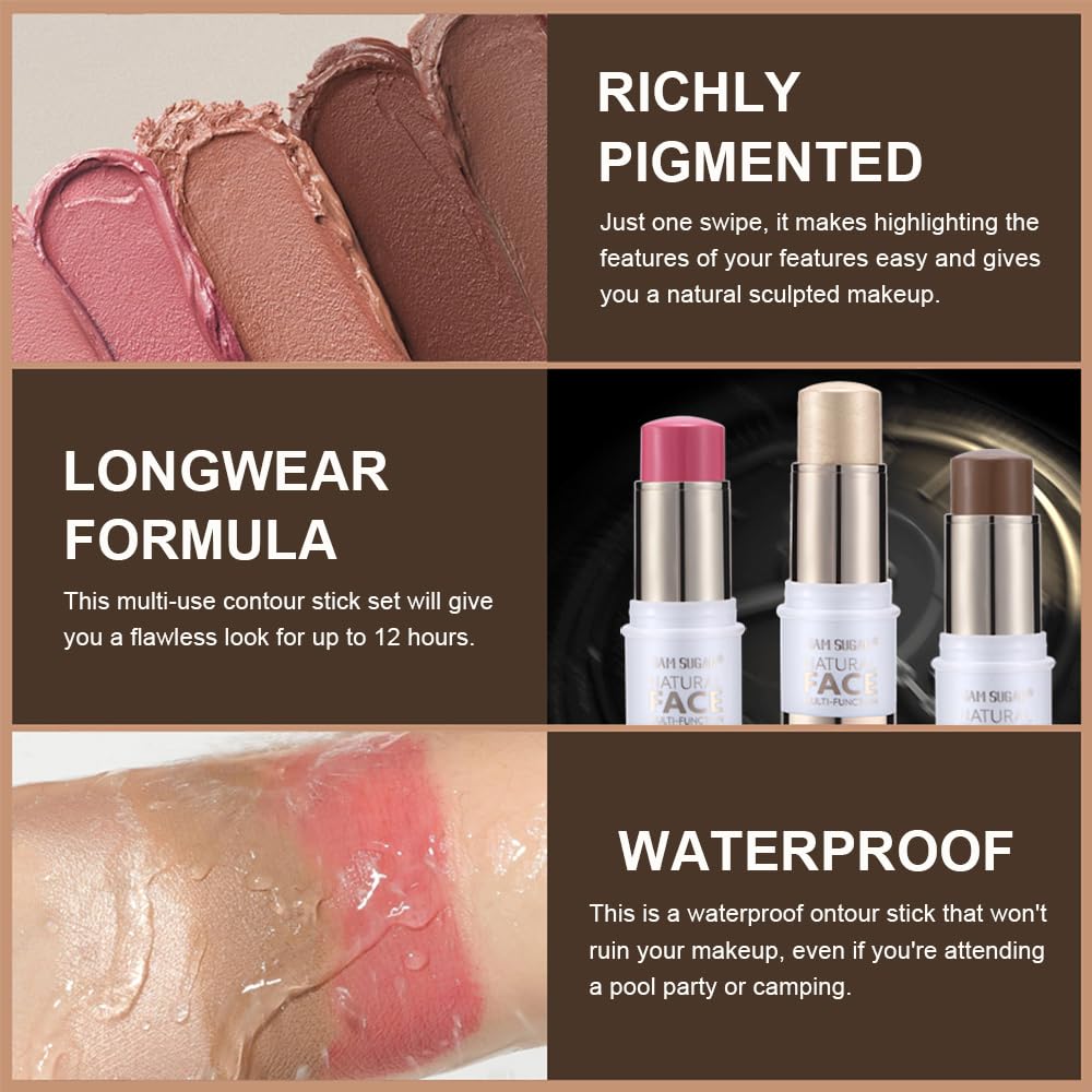 Contour Stick Makeup Kit,3Pcs Bronzer Blush Highlighter Stick Set for Create a Glowing Flawless Look,Non-Greasy Matte Finish Face Stick Trio,Longwear Formula, Include Brush - Fair (#01,04,07)