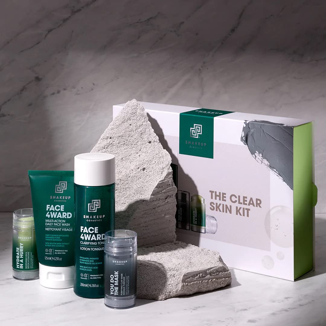 Shakeup - 4-Piece Clear Skin Kit, Mens Skincare Gift Set, Targets Blemishes, Daily Face Wash, Clarifying Toner, Purifying Mask & Moisturiser Stick