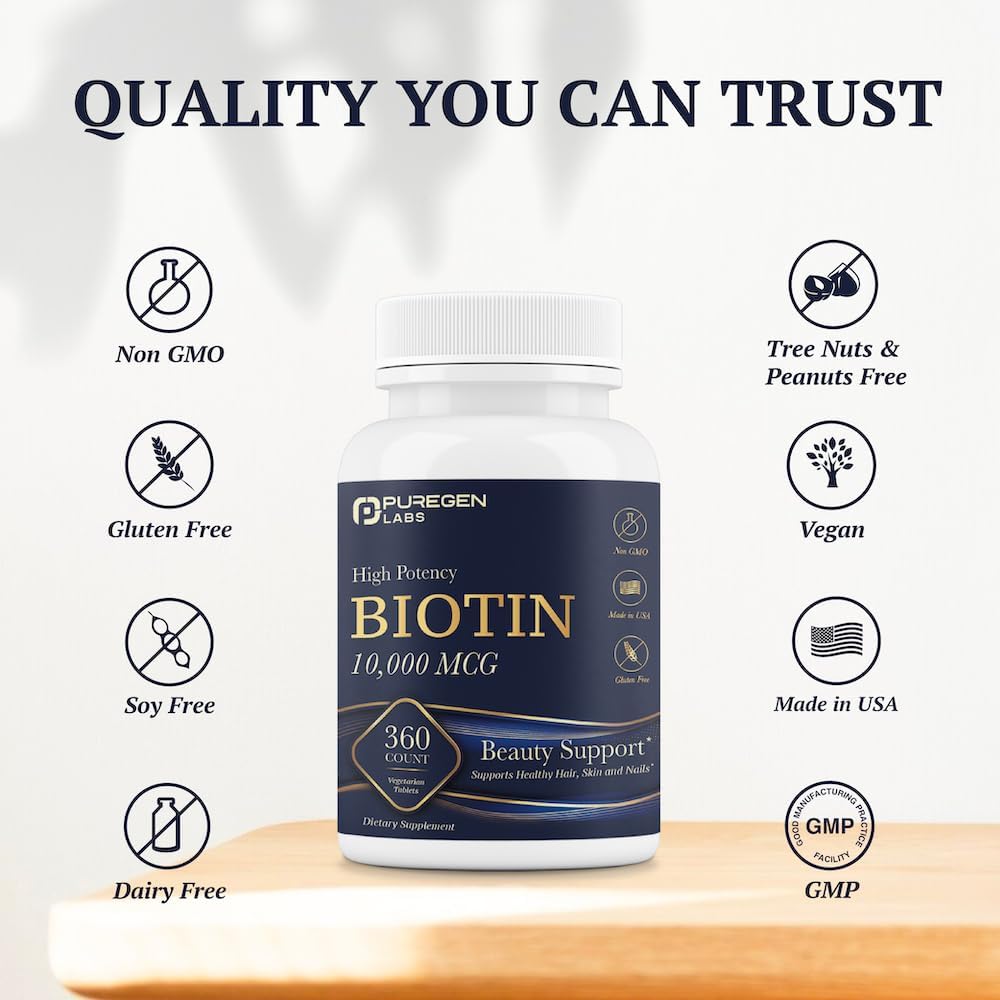 Puregen Labs Biotin 10,000 MCG Supports Healthy Hair, Skin & Nails - High Potency Beauty Support - Non-GMO, Gluten Free | 360 Vegetarian Tablets