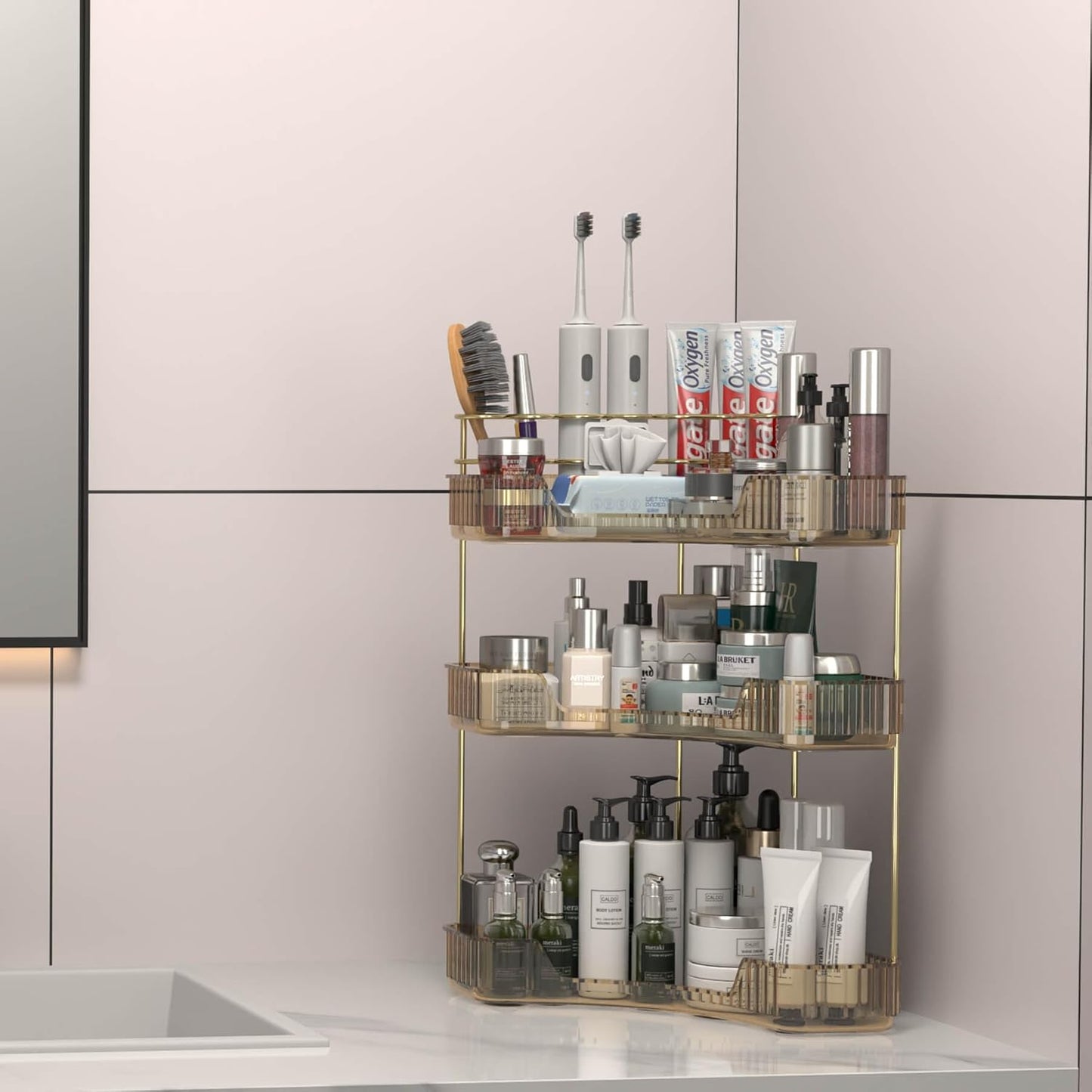 Corner Bathroom Counter Organizer with Top Toothbrush Holders, 3-Tier Make Up Organizers for Vanity with Brush Holder, Corner Storage for Bathroom, Kitchen, Dresser