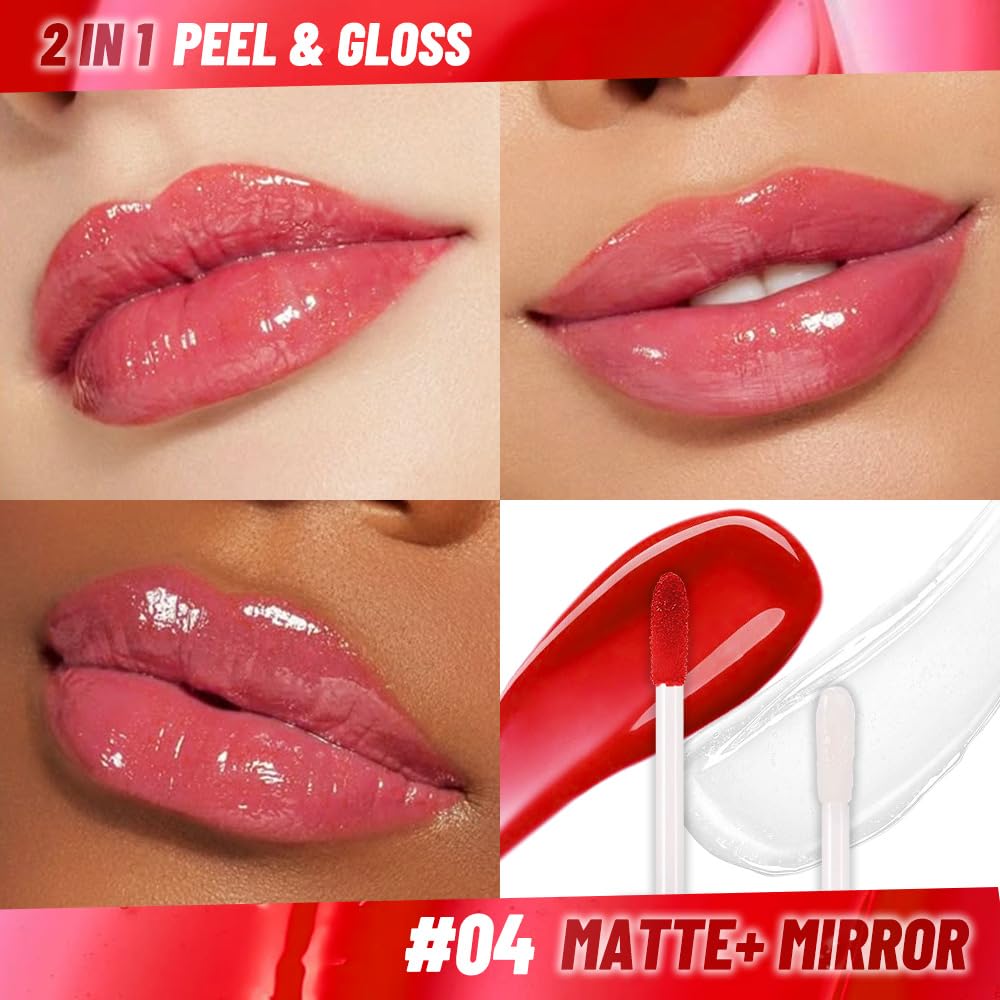 Lip Stain Peel Off Lip Gloss oil Dual-Ended Combo, Vivid Burgundy Lips Liner Stain Peel Off Tattoo, Long Lasting & Waterproof, Transfer-Proof Lip Tint Stain with Lip oil for All Skin Type 04#